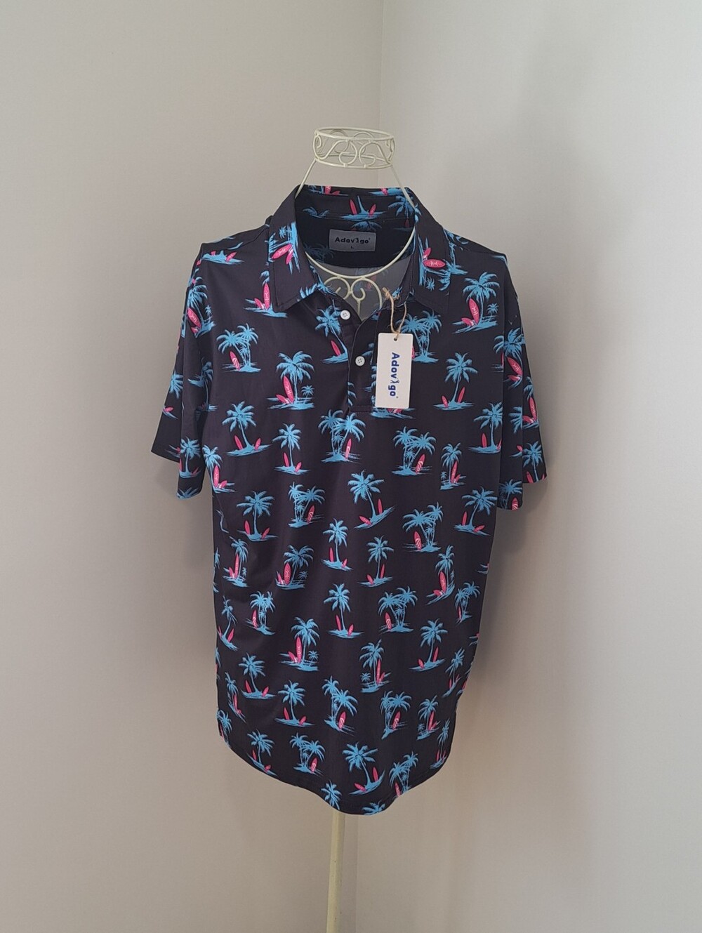 NWT Men's Adovigo Lightweight Tropical Palm Tree Surf Board Golf Polo Large.